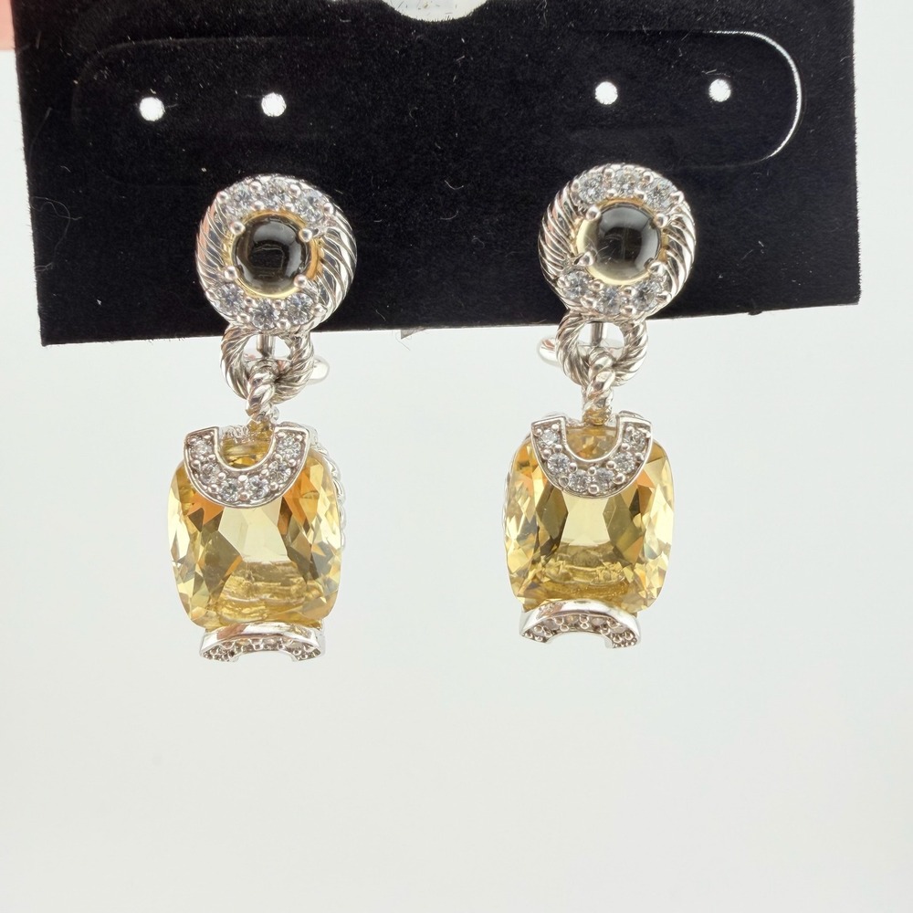 Judith Ripka Sterling Silver Citrine CZ Drop Earrings Omega Back 925 CZ